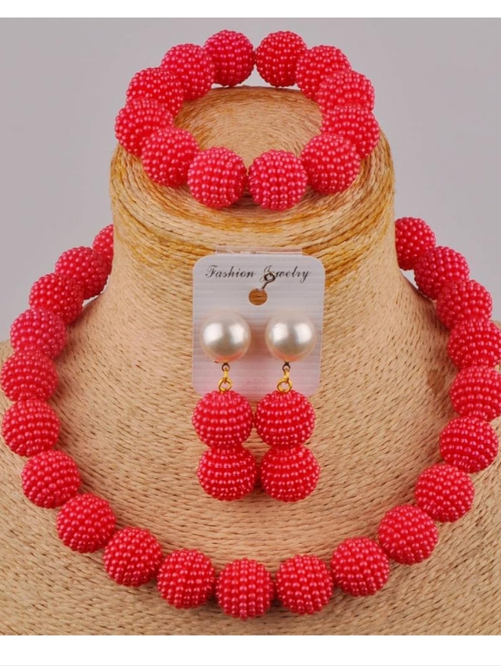 Fashion Jewelry Red Beaded Necklace, Bracelet & Pearl-Top Drop Earrings Set
